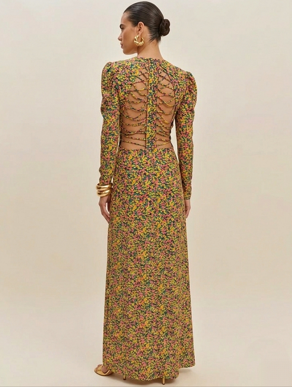 AFRM Ditsy Floral Maxi Dress Caged Open Back Women’s Medium Boho Occasion
